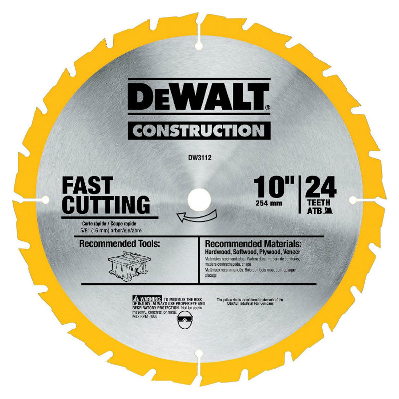 DeWalt® DW3112 Series 20 Carbide Tipped Circular Saw Blade, 5/8" Arbor, 10", 24T