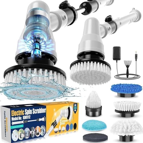 Electric Spin Scrubber, Cordless Shower Cleaning Brush with Adapter & Adjustable Extension Arm 6 Replaceable Cleaning Heads, Power Scrubber for Bathroom, Tub, Tile, Floor