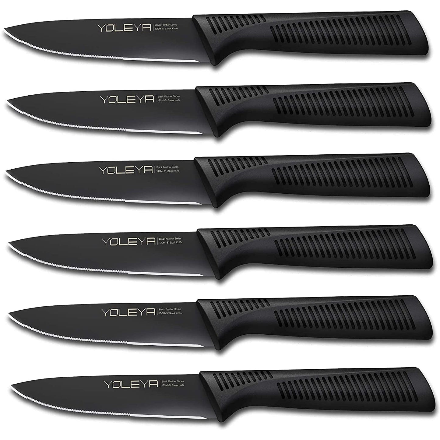 6-Pieces Set: YOLEYA High Carbon German Stainless Steel Black Serrated Steak Knife Set