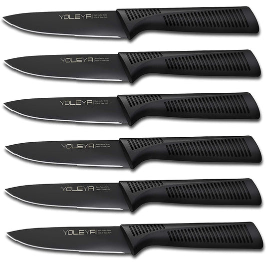 6-Pieces Set: YOLEYA High Carbon German Stainless Steel Black Serrated Steak Knife Set