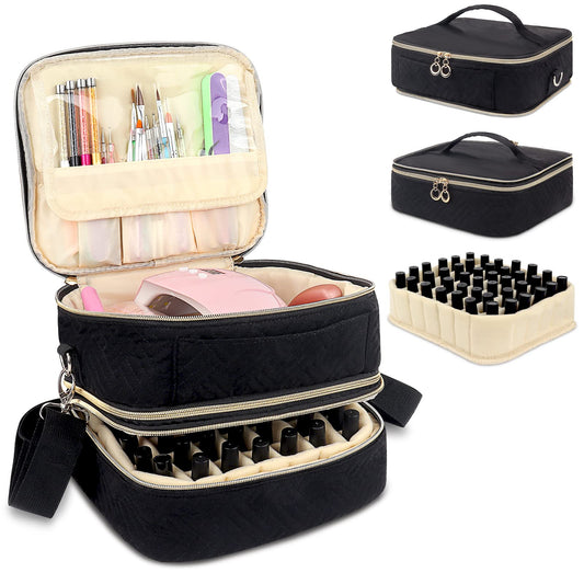 Nail Polish Organizer Case, Detachable Double Layer Nail Polish Organizer Bag Holds Up 42 Bottles, Portable Nail Polish Organizer Holder with Storage Pockets, Travel Bag Manicure Storage Bag(Black)