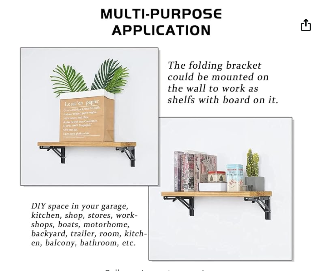 Folding Shelf Brackets - 24 Inch 2 Pcs Heavy Duty Metal Collapsible Triangle Shelf Bracket, DIY Wall Mounted Shelf Bracket, Space Saving for Bench Table