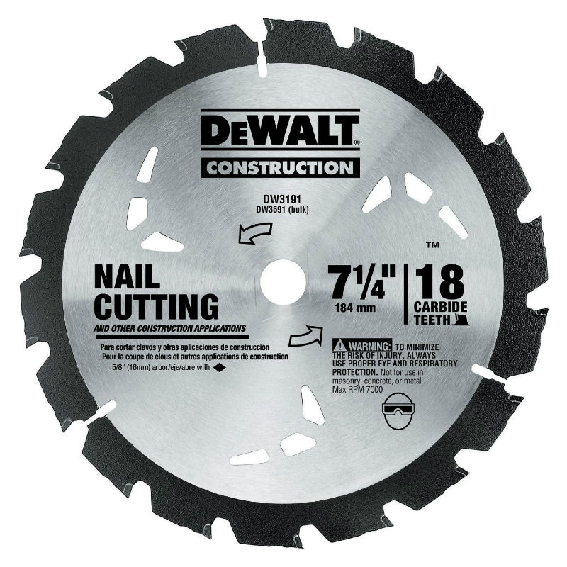 DeWalt® DW3191 Nail Cutting Circular Saw Blade, 18 Teeth, 7-1/4"