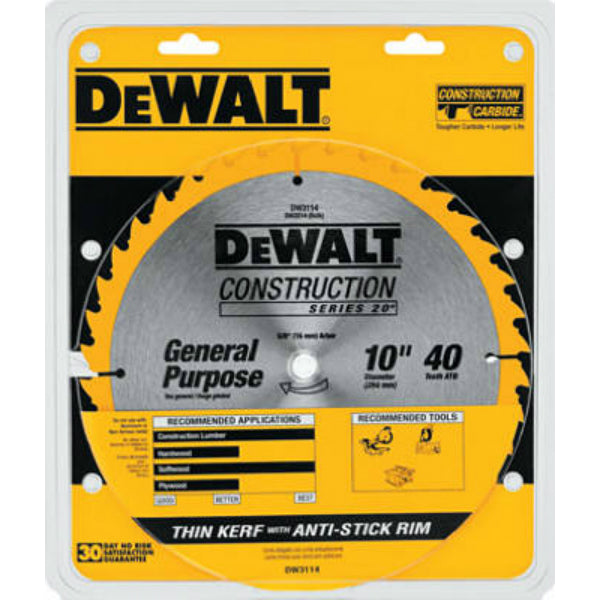 DeWalt® DW3114 Series 20 General Purpose Saw Blade, 5/8" Arbor, 10", 40 Teeth