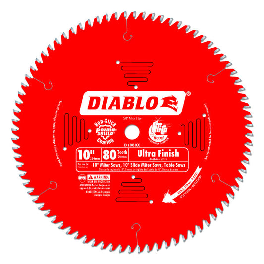 Diablo D1080X Ultra Fine Finish Blade, 10" x 80 Tooth, 5/8" Arbor