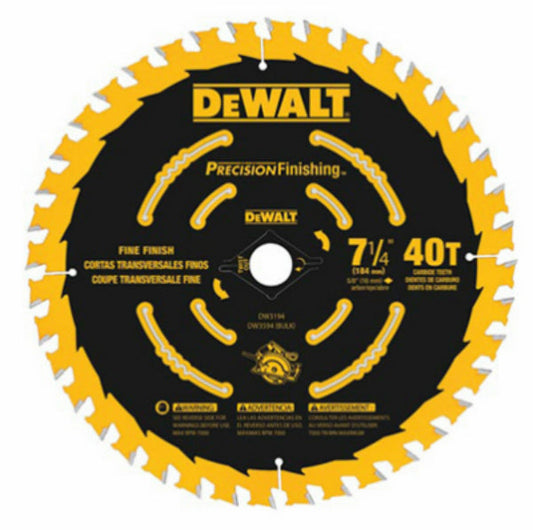 DeWalt® DW3194 Single Precision Finishing™ Saw Blade, 40 Teeth, 7-1/4"