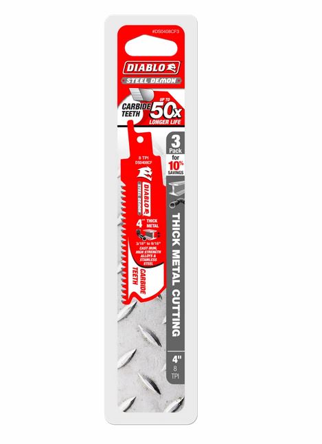 Diablo DS0408CF3 Steel Demon Carbide Recip Blades for Thick Metal Cutting, 8 TPI, 4", 3-Pack