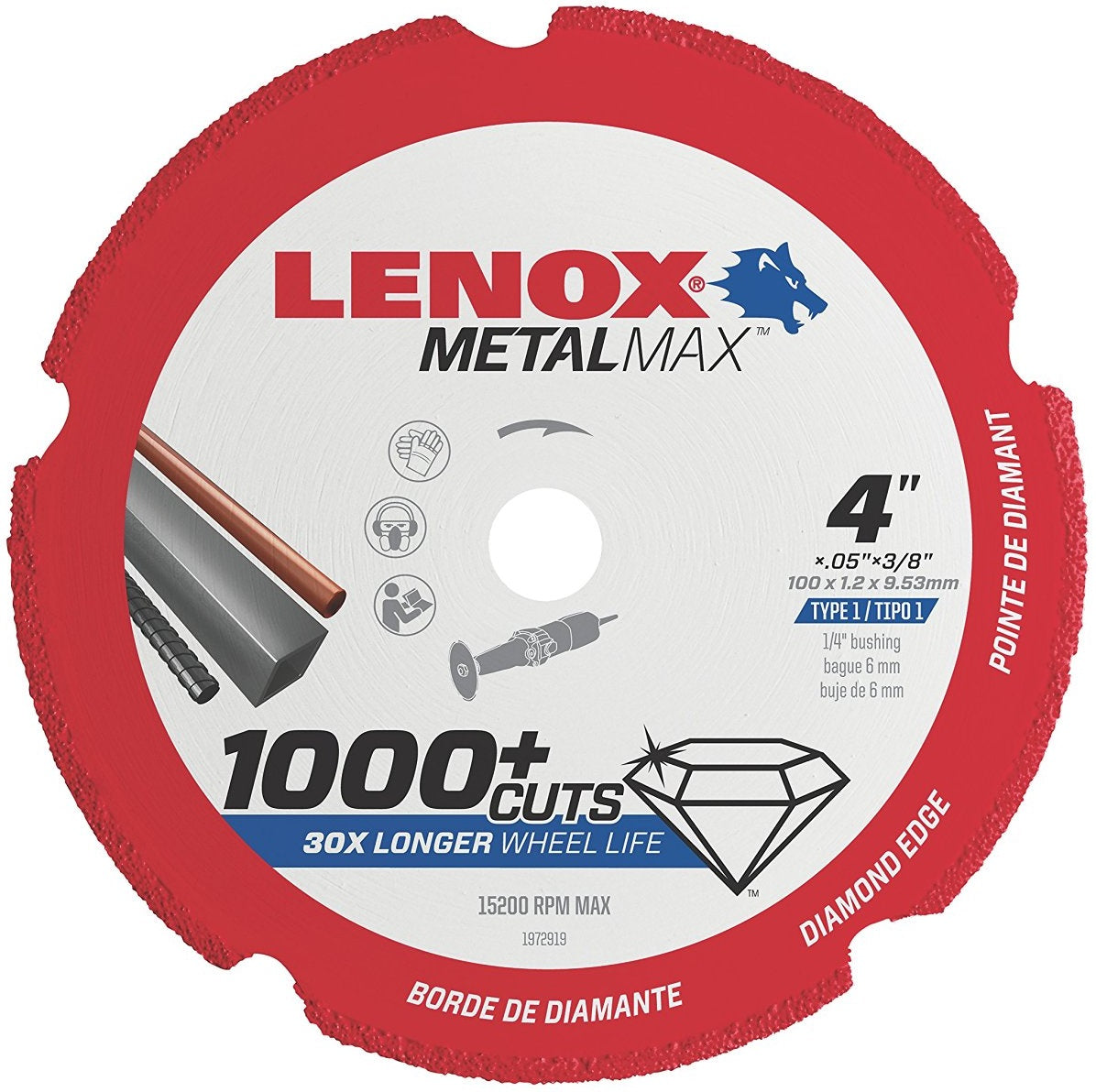 Lenox 1972919 Metalmax Diamond Edge Cutoff Wheel, 4" x 3/8"