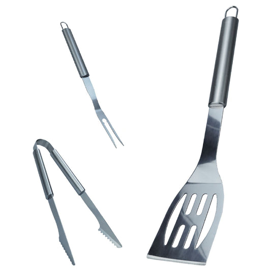 3-Piece: Heavy-Duty BBQ Grilling Stainless Steel Spatula Fork and Tongs