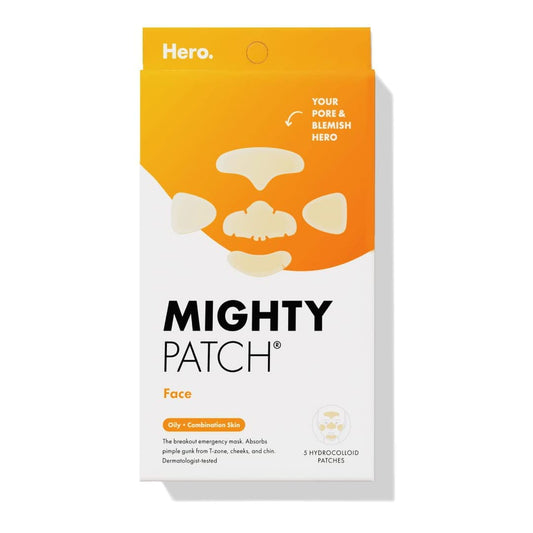 Mighty Patch¬™ Face patch from Hero Cosmetics - XL Hydrocolloid Face Mask for Acne, 5 Large Pimple Patches for Zit Breakouts on Nose, Chin, Forehead & Cheeks - Vegan-Friendly (1 Count)