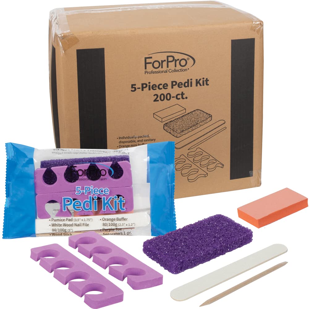 ForPro 5-Piece Pedicure Kit, 200-Count, Individually-Packed, Purple Pumice Pad, Wood Nail File 80/100 Grit, Mini Buffer 80/100 Grit, Wood Stick, Toe Separators