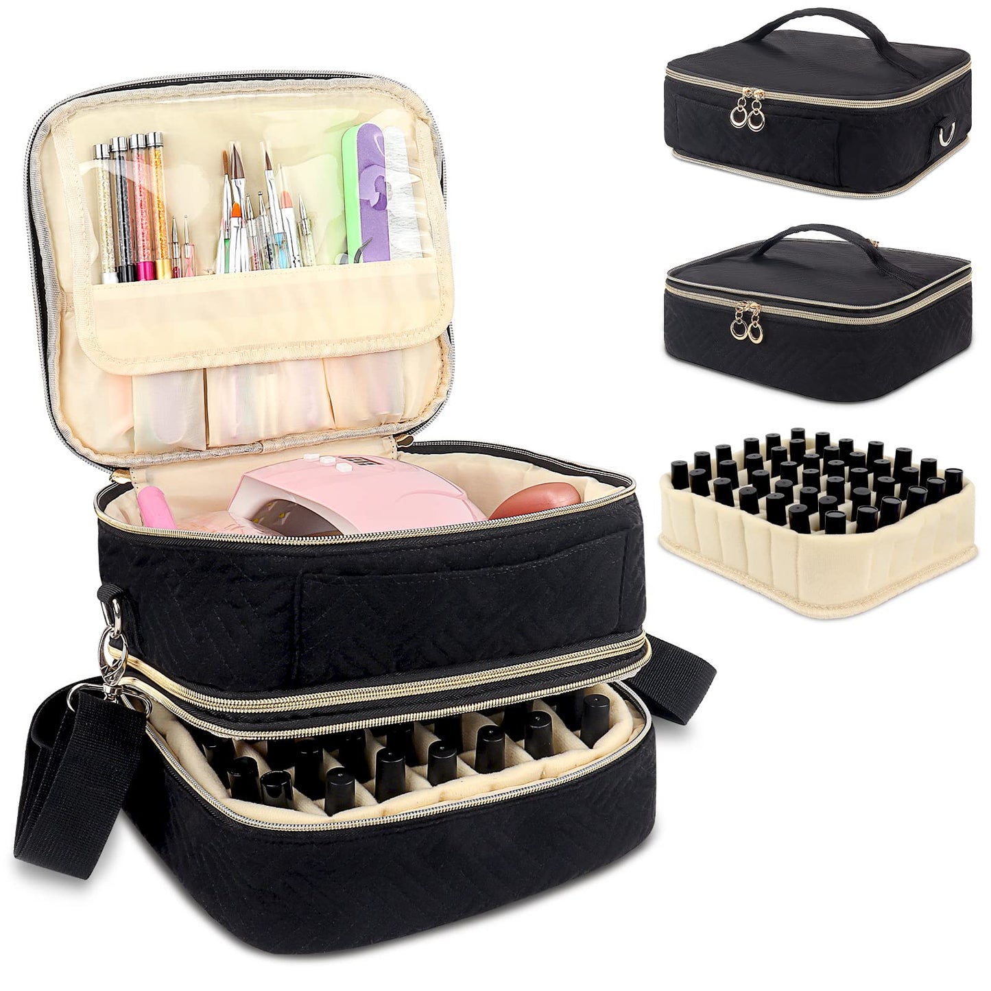Nail Polish Organizer Case, Detachable Double Layer Nail Polish Organizer Bag Holds Up 42 Bottles, Portable Nail Polish Organizer Holder with Storage Pockets, Travel Bag Manicure Storage Bag（Black)