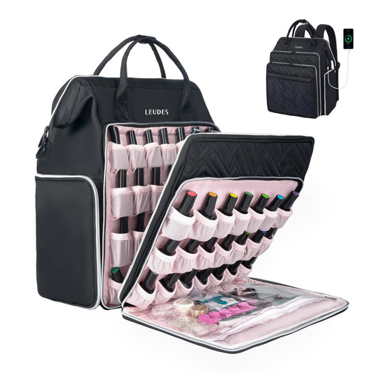 Leudes Nail Polish Organizer Holder 77 Bottles Storage for Nail Techs Supplies Nail Bag Case Backpack with USB Charging Port