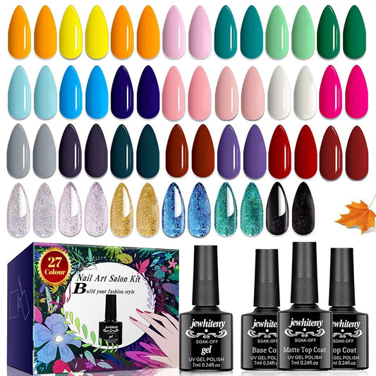 JEWHITENY 30PCS Nail Polish Kit 27 Colors Green Blue Pink Orange Gitter Sock Off Gel Polish with Matte& Glossy Top Base Coat for DIY Nail Art Manucure at Home Salon