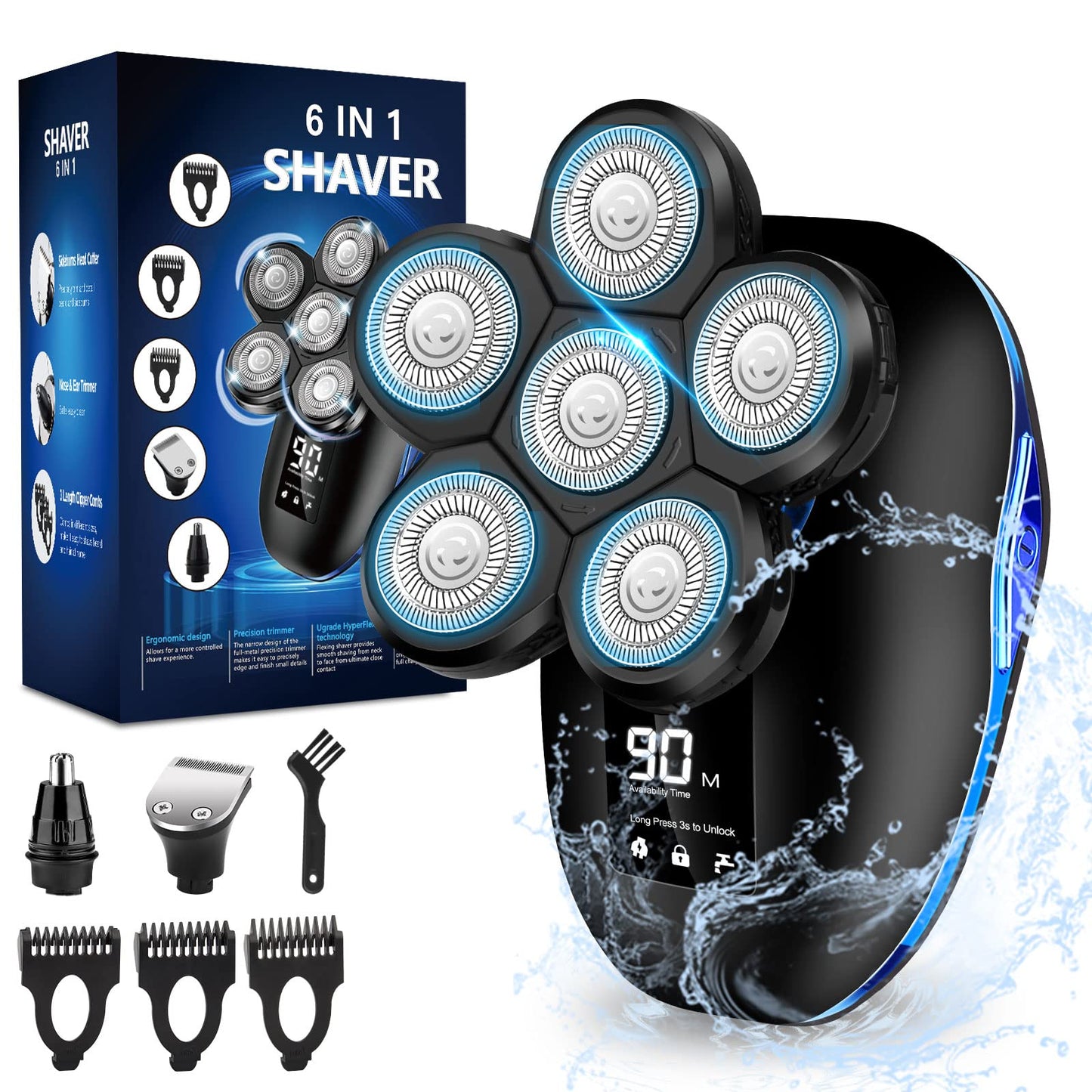 Sakioo Electric Head Shaver for Bald Men, 6 in 1 Mens Electric Head Razor Bald Head Shaver Cordless Electric Razor Men, IPX7 Wet/Dry Waterproof Shaver with Head Shaver Kit LED Display Blue