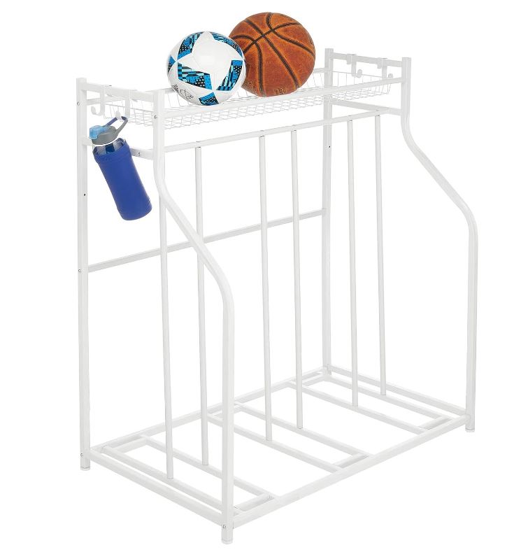 Free-Standing Metal Bike Rack Stand with Storage Shelf - Garage Bicycle Organizer for Kids Bike, Mountain Bikes; Slots for 3 Bikes; Adjustable Feet; 4 Accessory Hooks - White