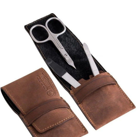 DOVO 3-Piece Manicure Set in Brown Leather Case