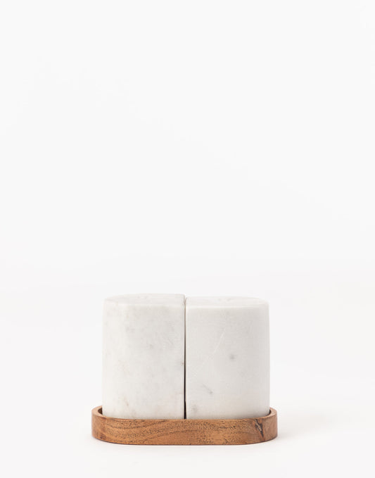 Marble Salt & Pepper Shakers with Wood Tray