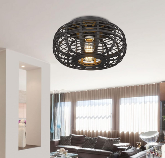 Darkaway Rattan Light Fixtures Ceiling Light, Modern Semi Flush Mount Ceiling Light with Rattan Cage Shade Rattan Ceiling Light for Hallway Bedroom Farmhouse, Black